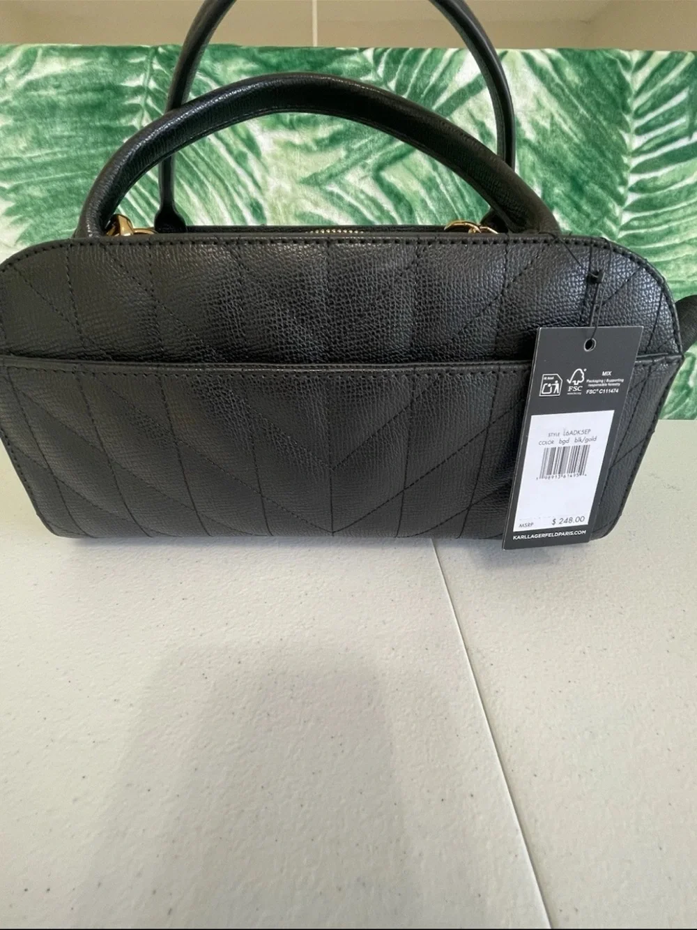Karl Lagerfeld Black Quilted Satchel with Pink and Gold Charm Details